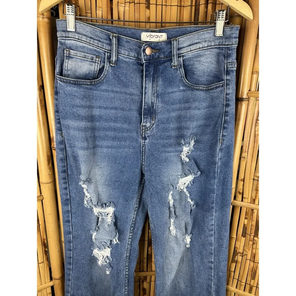 Vibrant MIU Jeans Women Size 11 Distressed High Waist Blue Straight Leg‎ 29x32 - Picture 2 of 16